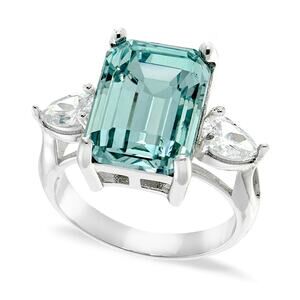 Charter Club Emerald Cut Crystal Ring Silver Plate Aqua Marine March NEW Size 10